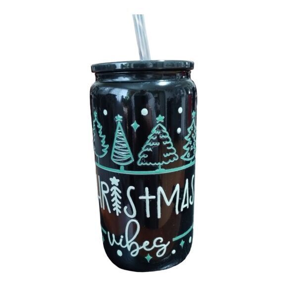 New handmade‎ UVDTF "Christmas Vibes" black with Lid & Straw Tumbler 16 oz - Picture 1 of 7